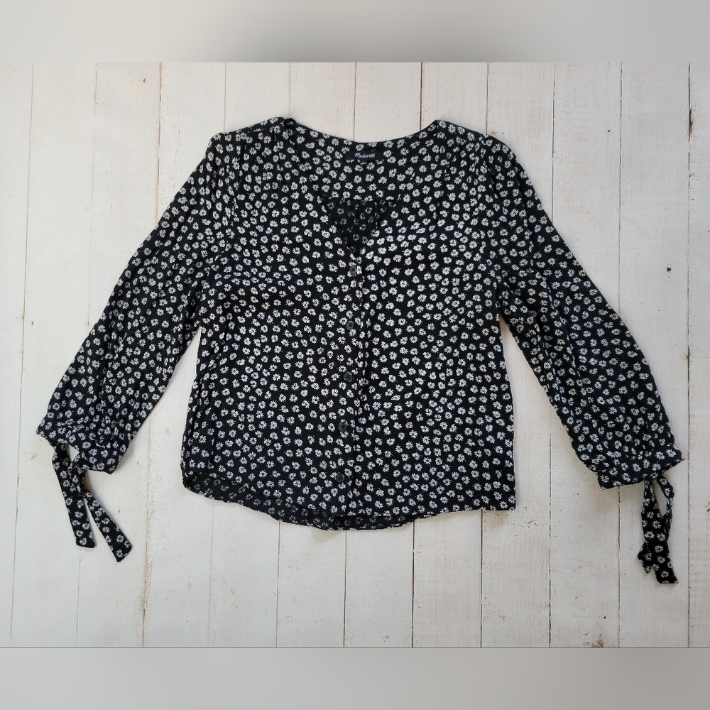 MADEWELL Tie-Sleeve Button Down Top in Black Floral L Large 3/4 Sleeve Blouse